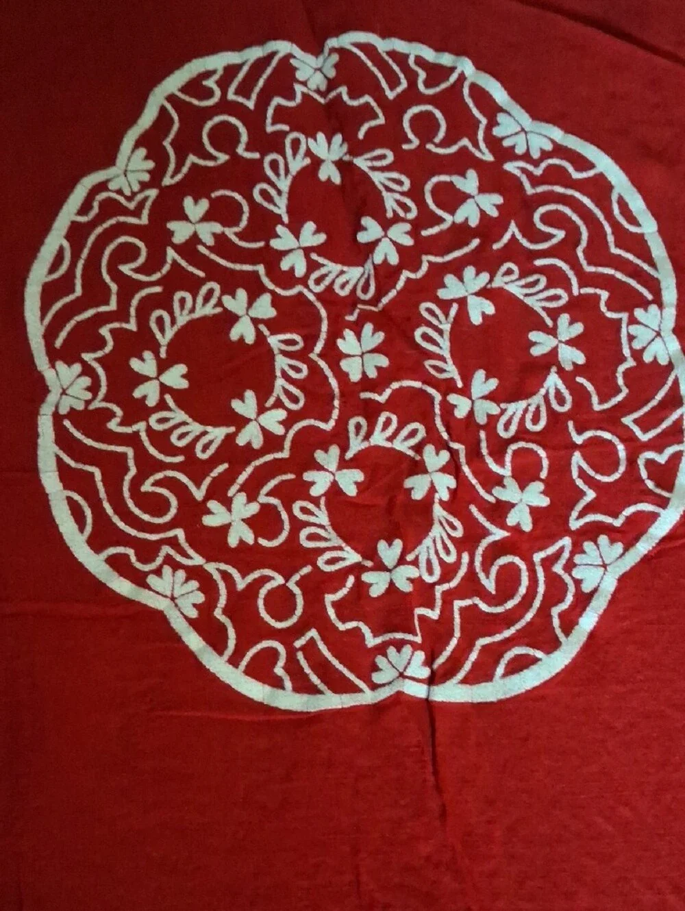 Vintage Red Table Cloth with White Floral Print